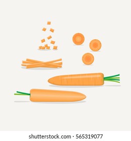 Sliced orange carrot. Flat style illustration. Green leaf, slices and realistic texture. Healthy and organic food concept.
