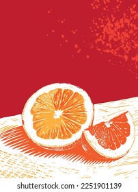 sliced orange or grapefruit. still life composition in linocut style. Hand drawn vector illustration.