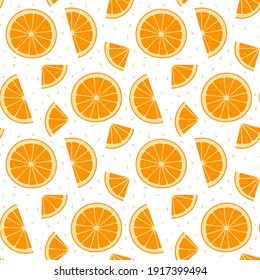 Sliced orange. Pieces of bright fruit. Seamless repeating pattern on a white.