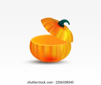 Sliced orange pumpkin. Realistic pumpkin with lid. Vector illustration Pumpkin isolated on white background.