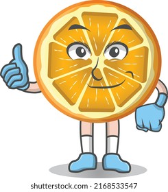 Sliced orange smiley emoticon cartoon illustration with thumb isolated vector.