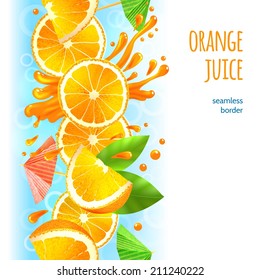 Sliced oranges with leaves and juice splash fruit border vector illustration