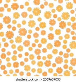 Sliced oranges scattered on white background seamless pattern, citrus repeat pattern