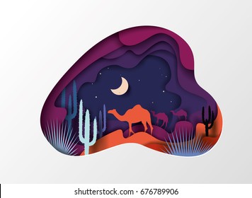 Sliced ??paper. origami. Desert landscape, heat, silhouette of a camel, night, moon, stars. vector