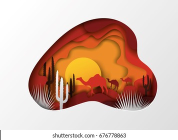 Sliced paper. origami. Desert landscape, heat, silhouette of a camel, warm sunset. vector