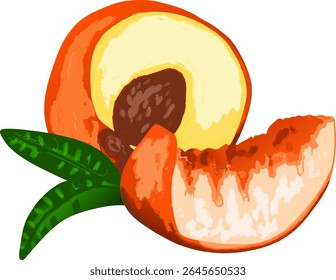 Pêssego fatiado com folhagem natural, enfatizando texturas vibrantes e frescura adequada para visuais sazonais, nutritivos ou gourmet