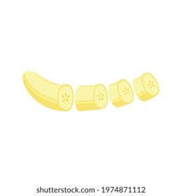 Sliced and peeled banana isolated on white background. Cartoon yellow fruit cut and chopped into smaller separated parts, vector illustration of healthy snack.