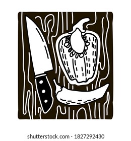 Pfeffer in Scheiben mit einem Messer. Vektorgrafik. Schwarz-Weiß, handgezeichnet.