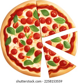 Sliced Pepperoni Cheese Pizza Isolated Detailed Hand Drawn Painting Illustration