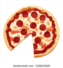 Sliced Pepperoni Cheese Pizza Isolated Detailed Hand Drawn Painting Illustration