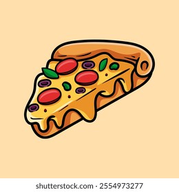 sliced pepperoni pizza isolated colored drawing line art style design illustration