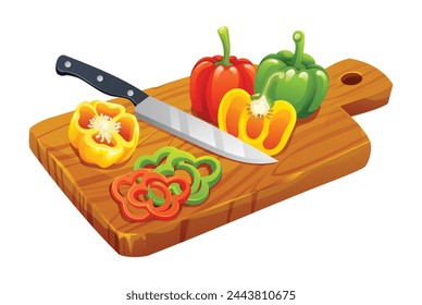 Sliced peppers with knife on wooden cutting board. Vector illustration isolated on white background