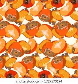 Auf pastellgelbem Hintergrund ist das Persimmon nahtlos geschnitten. Sharon Frucht endlose Muster Vektor-Illustration, Design für Tapeten, Stoffe, Textilien, Verpackung.