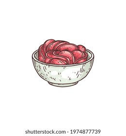 Sliced pickled ginger root in bowl engraving sketch style vector illustration isolated on white background. Spicy food seasoning made from ginger root.