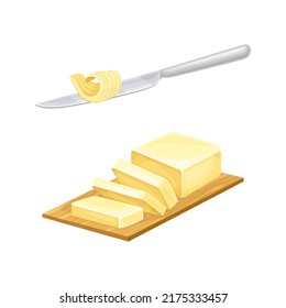 Sliced piece of butter and knife with butter curl vector illustration