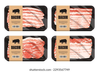 Sliced pieces of bacon are packed in plastic packaging. Delicious juicy pork. Vector illustration