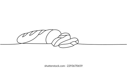 Sliced pieces bread one line continuous drawing. Bakery pastry products continuous one line illustration. Vector minimalist linear illustration.