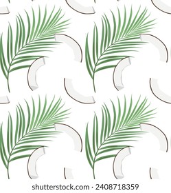 Sliced pieces of coconut on a background of palm leaves. Seamless pattern in vector. Summer pattern with tropical fruits.