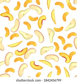 Sliced pieces of fruit. Seamless pattern. Pears, peaches, apples, tangerines. Vector illustration.