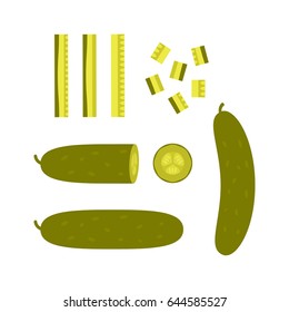 Sliced Pieces Of Pickled Cucumber. Concept Of Blanks And Pickles. Flat Vector Illustration Isolated On White Background