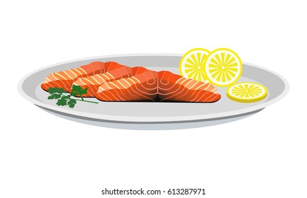 Sliced pieces of salmon and lemon on a white plate.