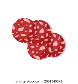 Sliced pieces of smoked sausage. Some slices of snag isolated on white background. Meat product. Proteins fully