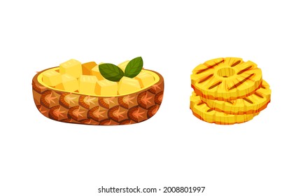 Sliced Pineapple and Cut to Cubes as Exotic Dessert Vector Set