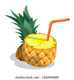 Sliced pineapple, juicy ananas with cocktail straw. Harvesting tropical fruits. Cartoon realistic vector isolated on white background