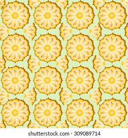 Sliced pineapple scattered on a green background. Seamless texture.