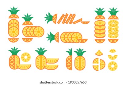 Sliced pineapples collection. Pineapples cut different ways. Flat vector isolated on white background.