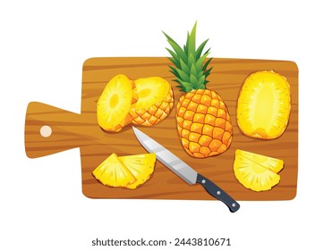 Piñas cortadas con cuchillo en tabla de cortar. Ilustración vectorial aislada sobre fondo blanco