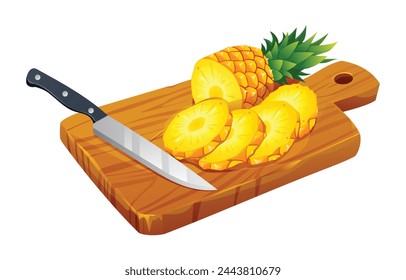 Sliced pineapples with knife on wooden cutting board. Vector cartoon illustration