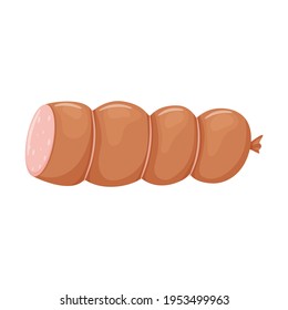 Salchichas cocidas rosadas rebanadas con trozos de grasa. Jamón. Producto cárnico, Ingrediente alimentario. Comida preparada. Ilustración vectorial de caricatura plana aislada en un fondo blanco.