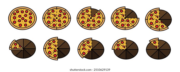 Conjunto de ícones coloridos de pizza fatiada. Pepperoni parte círculo divisão vetor ilustração. Símbolo de porção de pizza de salame. Peça de desenho animado de uma coleção isolada de pictogramas de fração de pizza.