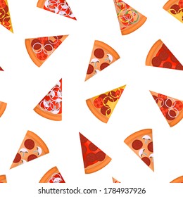 Sliced pizza. Fast food. Seamless pattern. Vector illustration isolated on a blue background.