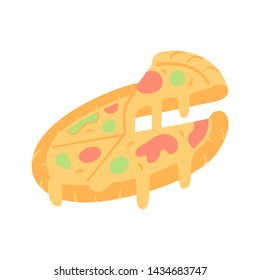 Sliced pizza flat design long shadow color icon. Pizzeria, pizza house, restaurant, cafe menu. Traditional  italian food with cheese and tomato. Fast food delivery. Vector silhouette illustration