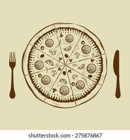 Sliced pizza with fork and knife in monochrome vintage style