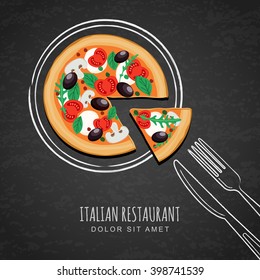 Sliced pizza and hand drawing sketch watercolor plate, fork, knife on textured black chalkboard background. Vector design for italian restaurant menu, cafe, pizzeria. Fast food or cooking background.