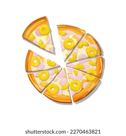 Sliced Pizza Hawaii cartoon over white background, vector illustration