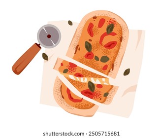 In Scheiben geschnittene ​​ Pizza. Italienische Küche. Flache Vektorgrafik auf weißem Hintergrund.