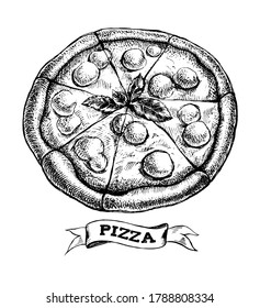 Sliced pizza with mozzarella and basil. Italian cuisine. Ink hand drawn Vector illustration. Food element for menu design.