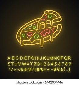 Sliced pizza neon light icon. Pizzeria, pizza house, restaurant, cafe menu. Italian food. Fast food delivery. Glowing sign with alphabet, numbers and symbols. Vector isolated illustration