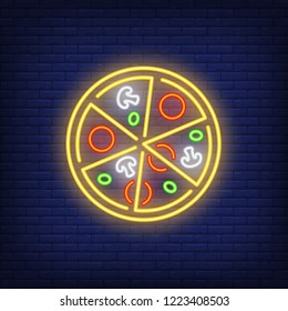 Sliced pizza neon sign. Pizzeria advertisement design. Night bright neon sign, colorful billboard, light banner. Vector illustration in neon style.