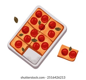 Pizza de ​ ​pepperoni fatiada em uma assadeira. Comida italiana. Ilustração de vetor plano.