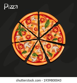 Sliced pizza on a dark background. Vector drawing 