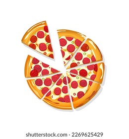 Sliced Pizza Pepperoni cartoon over white background, vector illustration