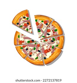 Sliced Pizza Prosciutto e Funghi cartoon over white background, vector illustration