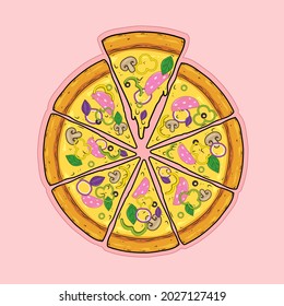Sliced pizza with sausage, ham, prosciutto, peppers, onions, basil, mushrooms, olives and cheese. Flat vector illustration.