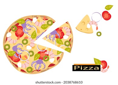 Sliced pizza with seafood. Shrimp, octopus, tomato, cheese, basil and olive. Flat style. Italian food. Vector illustration.