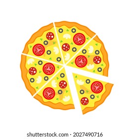 Sliced pizza top view in flat style isolated on white background. Vector stock illustration. 
